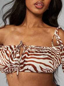 MISSGUIDED Blusa de moda casual de estilo de fiesta de vacaciones de festival bohemio de playa de verano con diseño de lazo, mangas abultadas y hombros descubiertos con estampado de tigre