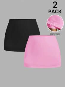 SHEIN EZwear Women's 2 Packs Casual Knitted Mini Skirts With Shorts Lining: Versatile Pink And Black Solid Color Options For Everyday Comfort And Style. - Pink - View 1