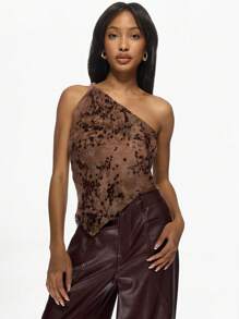 MISSGUIDED Velvet Devore One Shoulder Twist Top Evening Party Wear Asymmetric Design Fall Winter Holiday Formal Top - Brown - View 1