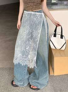 DAZY 女士蕾丝中长系带休闲裙，百搭优雅的秋季半身裙 - 白色 - 查看 1