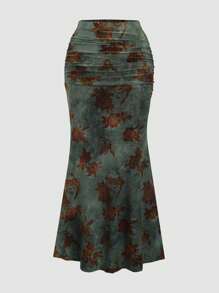 SHEIN Unity Women's Vintage Flocked Print Fishtail Skirt, Autumn/Winter - Multicolor - View 2