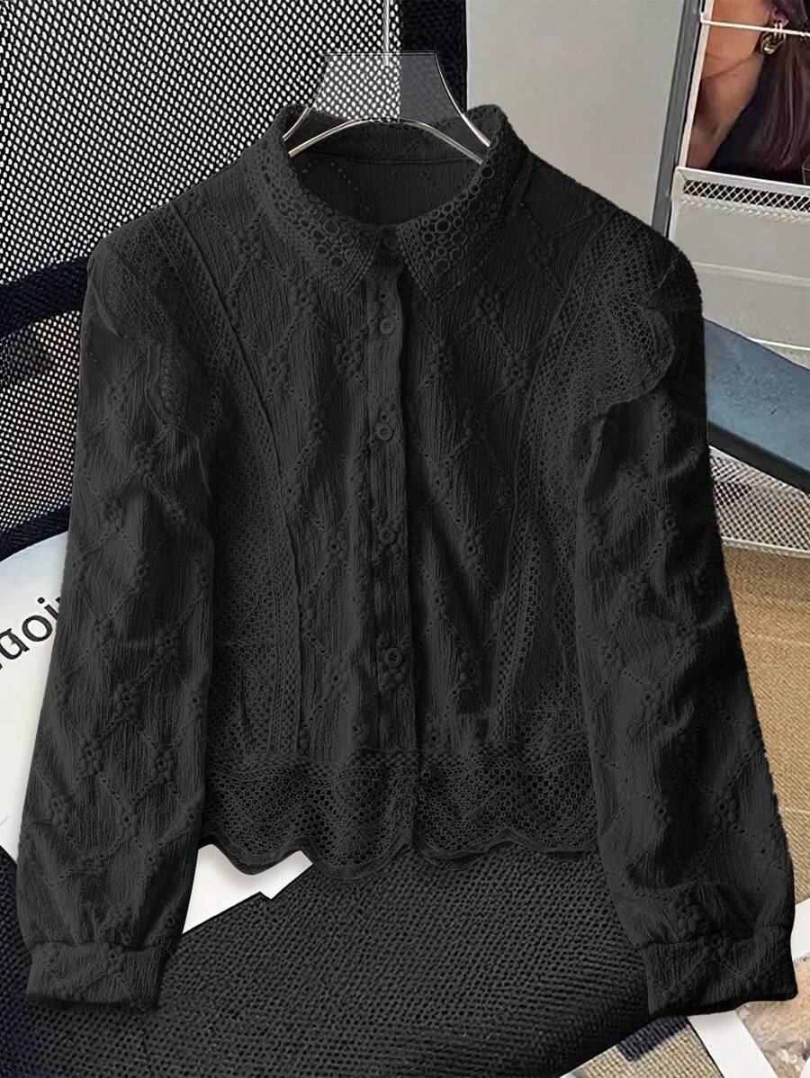 Chiquease Women's Minimalist Embroidered Long Sleeve Single-Breasted Blouse, Versatile Work Wear Fall Cloth For Women - Black - View 1