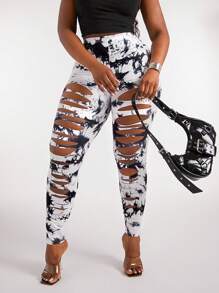 SHEIN SXY Plus Size Women's Fashion Street Style Sexy Ripped Tie-Dye Print Tight Leggings, Suitable For Sports, Yoga, Everyday Wear, Western Wear, Cruise Attire, Music Festival, Concert, Carnival Party, Beach Vacation, Date Night, Birthday, Bachelorette Party, Club, Cute, Casual, Shopping, Streetwear, Going Out, Easy To Match & Looks Slim, Accentuates The Body, Flatters The Figure Camo Cow Print