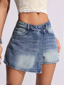 SHEIN EZwear Women's Asymmetric Hem Casual Denim Skirt With Pockets - Medium Wash - View 1