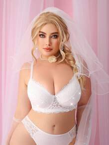 SHEIN 1 件大码婚礼蕾丝拼布钢圈文胸 - 白色 - 查看 5