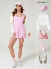 GLOWMODE Abito da allenamento FeatherFit™ Air Match Point con scollo quadrato e schiena a racer, fessura frontale e coulisse piatta, pantaloncini incorporati, tasche laterali, grip antiscivolo, adatto per tennis, golf, pickleball e uso quotidiano a basso impatto - Rosa Bubblegum - Visualizzare 8