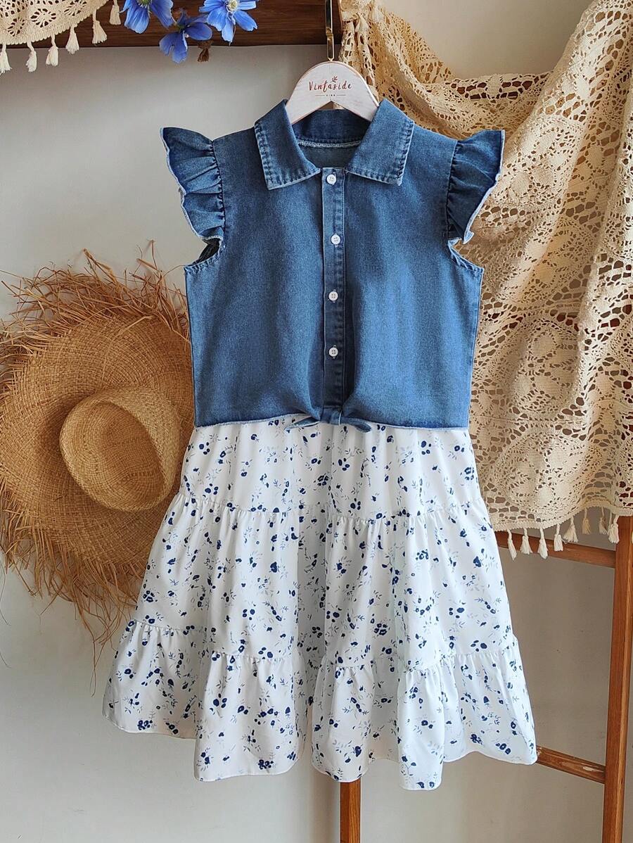 SHEIN Tween Girls Spring Denim Spaghetti Strap Top & Ditsy Floral Wide Swing Skirt 2pcs Vacation Outfit Set - Multicolor - View 1