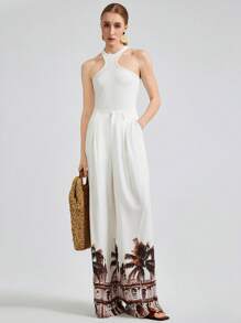 Ontre Women's 2025 Palm Tree Printed Loose Pants, Casual Vacation Wear, Island Style Floral Print, Simple And Comfortable