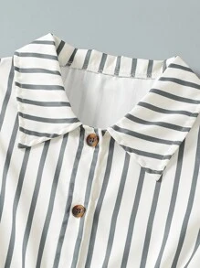 Elladie kids Tween 女童黑白竖条纹无袖衬衫领纽扣口袋连体衣，休闲舒适，适合春夏季 - 杏色 - 查看 4