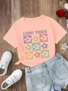 Infant & Baby Girl Casual Comfortable Cute Plaid, Flower & Letter Print Short Sleeve Round Neck T-Shirt - Pink - View 1
