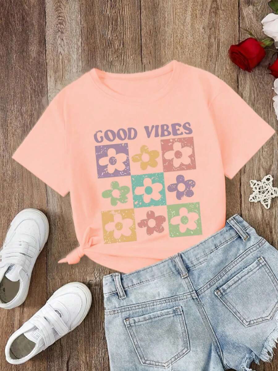 Infant & Baby Girl Casual Comfortable Cute Plaid, Flower & Letter Print Short Sleeve Round Neck T-Shirt - Pink - View 1