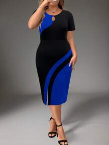 Plus Size Elegant Commuter Colorblock Patchwork Fitted Dress - Multicolor - View 5