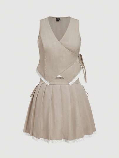 SHEIN MOD Plus Size Bowknot Criss-Cross Blouse And Pleated Skirt 2 Pieces Set