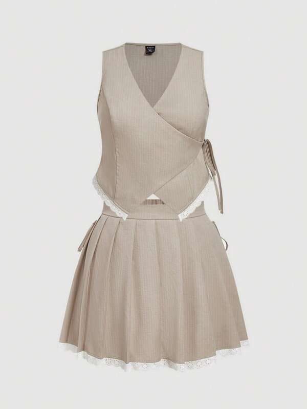 SHEIN MOD Plus Size Bowknot Criss-Cross Blouse And Pleated Skirt 2 Pieces Set