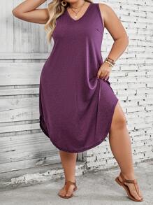 SHEIN CURVE+ Plus Size Women's Solid Color Curved Hem Vest Dress Purple - Purple - View 9