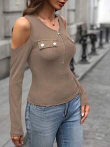 INAWLY Women's Open Shoulder Zip Detail Fitted Long Sleeve T-Shirt, Spring/Autumn - Khaki - View 3