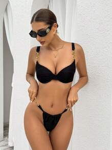 SHEIN 2 Pieces Ruched Chain Black Bikini Swimwear Set, Sexy Black Solid Swimwear For Vacation, Spring For Summer