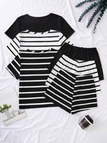 Shein Underwear&Sleepwear Basics 3-Piece Stripe Casual Short Sleeve Top And Shorts Women Pajama Set