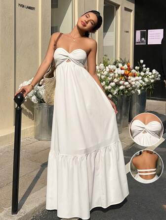 MainGRL Boho weißes trägerloses Kleid, Frühling/Sommer