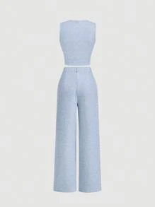 SHEIN MOD Conjunto de traje elegante para mujer que incluye: chaleco blazer azul, pantalón de pierna recta