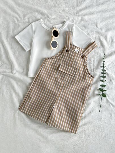 Vintaside Kids Baby Boy Solid Color Round Neck Short Sleeve T-Shirt And Striped Bib Overalls Casual Outfit