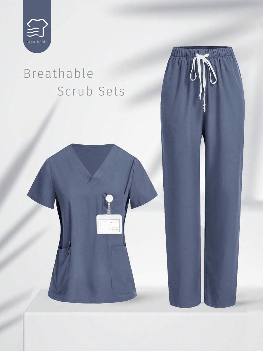 TaskEZ Uniform Set: V-Neck Short Sleeve Tailored Blouse And Drawstring Straight Leg Casual Pants, Classic Unisex Scrub Sets - Baby Blue - View 1