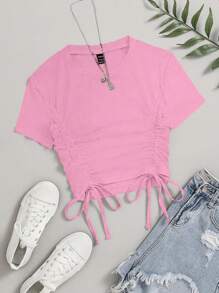 SHEIN Unity Women Plain Round Neck Short Sleeve Drawstring Casual Versatile T-Shirt - Pink - View 1