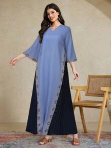 Al Najma 女士优雅拼布褶皱土耳其和阿拉伯传统长裙，朴素的卡夫坦 - 藍色 - 查看 2