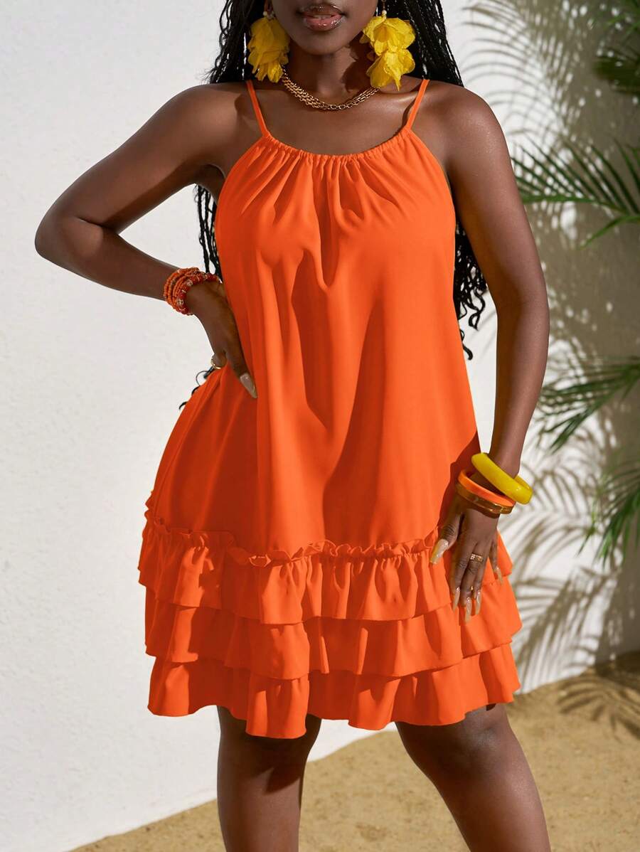 Slaydiva Váy suông hở vai màu trơn đơn giản cho kỳ nghỉ của phụ nữ - trái cam - Xem 1