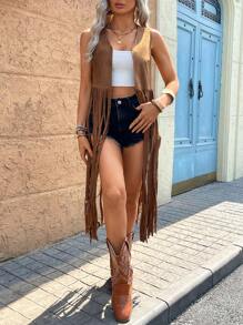 Breezaya Plus Size Sleeveless Long Fringe Music Festival Coat, Atmospheric