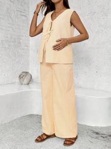 SHEIN 2 Pieces Maternity Set: Striped Sleeveless Vest Top And Long Pants Women Summer Outfit - Yellow - View 5