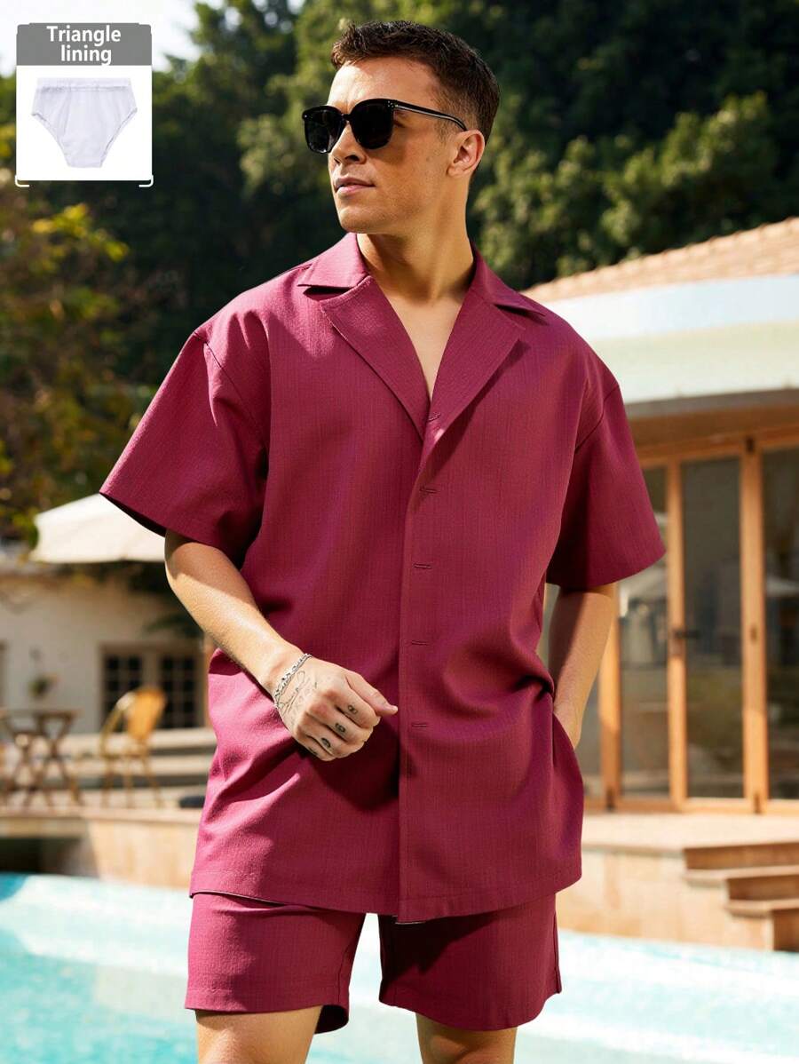 Surfspeed Men's Casual Beach Holiday Button-Up Shirt And Shorts Set - Burgundy - View 1