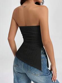 SHEIN PETITE Women's Black Strapless Textured Tube Top With Ruched Detail And Asymmetrical Hem - Black - View 2