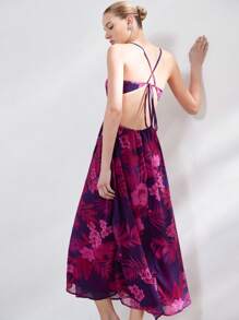 SHEIN Privé Chiffon Floral Print Halter Neck Dress - Multicolor - View 4