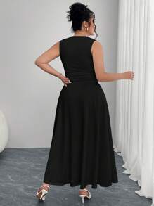 Modelyn Vestido largo de talla grande para mujer con dobladillo plisado lateral, unicolor