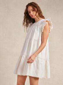 WESTFADE Spring Crewneck Ruffle Sleeve Tiered Western Cowgirl Denim Mini Dress Summer Beach Vacation - White - View 1