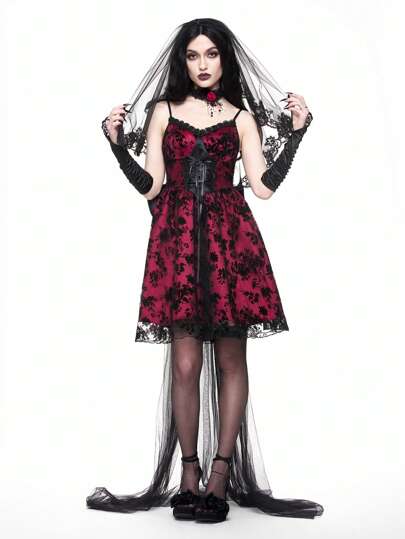 Goth Vestido deslizante de malla de color vino tinto con estilo gótico vintage para mujeres