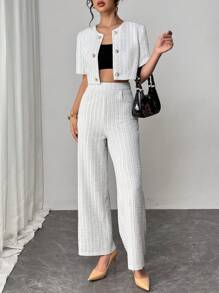 Firerie Elegant Women 2pcs Solid Color Textured Cropped Jacket & Pants Suit Sets/Suitable For Dates/Work/Vacation/ Holiday/Casual Wear/Summer Bohemian Style/Holiday/Festival/Music Festival/Derby Dress/Rodeo Outfit - White - View 1
