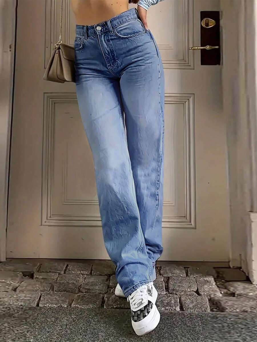 SHEIN Privé Casual Washed Fitted Straight Leg Jeans - Medium Wash - View 1