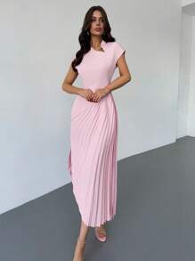 Firerie Abito lungo con arricciature, colletto alla coreana senza maniche, vita con patchwork, orlo arricciato, colore rosa, nuovo stile per San Valentino