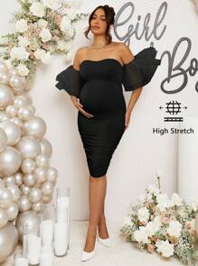 Loomaby Maternity Off-Shoulder Ruffled Bodycon Party Dress - Black - View 3