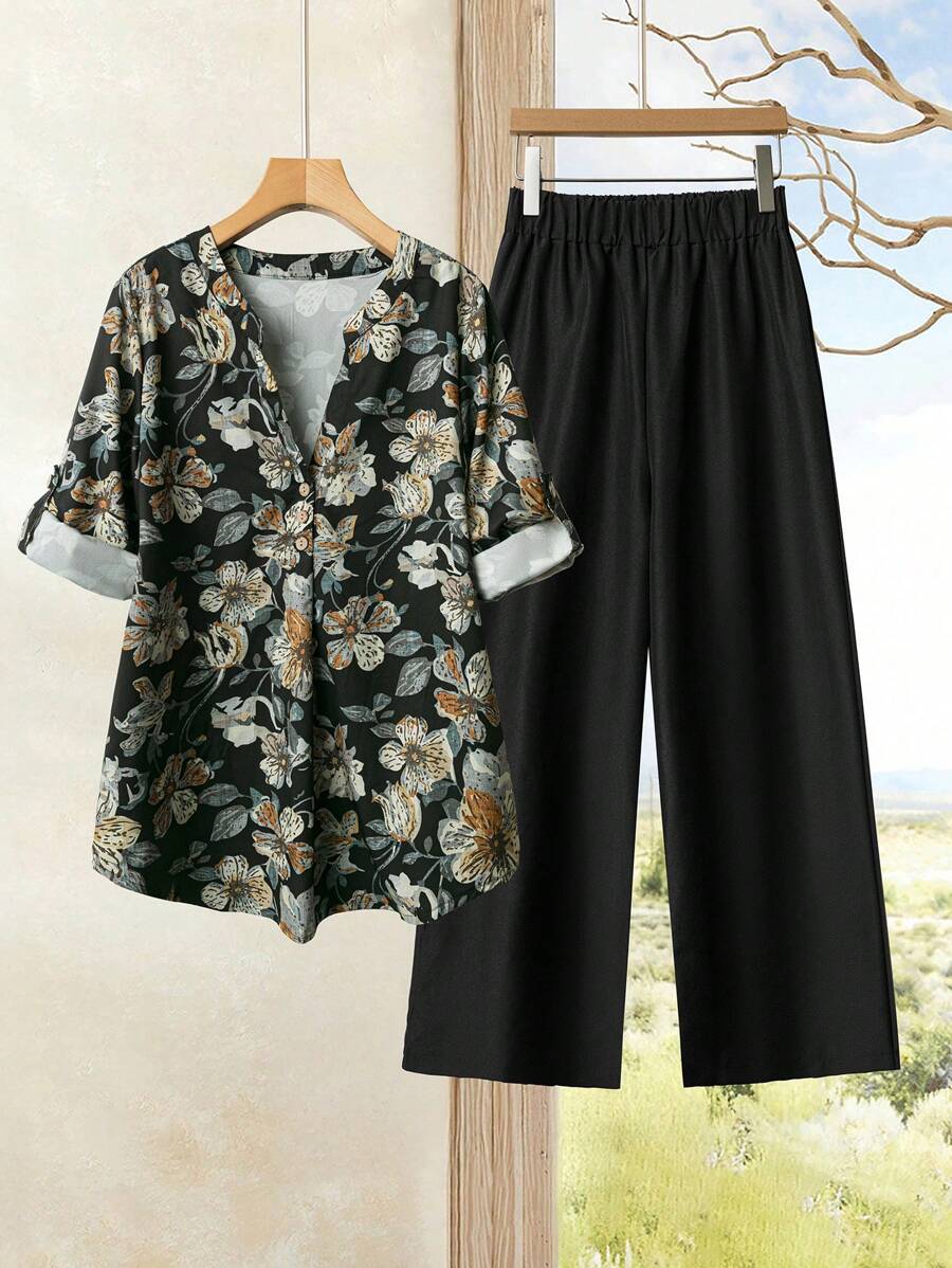 Rusticease 2 件套女士假日休闲花卉印花衬衫和裤子，夏季套装女士假日撞色优雅休闲宽松上衣阔腿裤套装抹胸和裤子套装女士夏装女士两件套假日连衣裙女士假日两件套波西米亚风格女装 - 黑色 - 查看 1