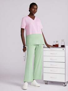 TaskEZ Women Summer Contrast V-Neck Short Sleeve Scrub Sets,Rennaissance,Workwear Nurse Doctor Uniform Top & Straight Leg Pants With Belt Waist Pockets - Pink - View 4