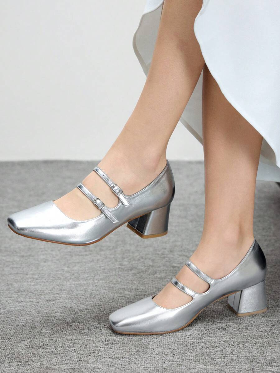 CUCCOO BIZCHIC Simple Women Mary Jane Thick Heel High Heel Pumps, Halloween For Christmas - Silver - View 1