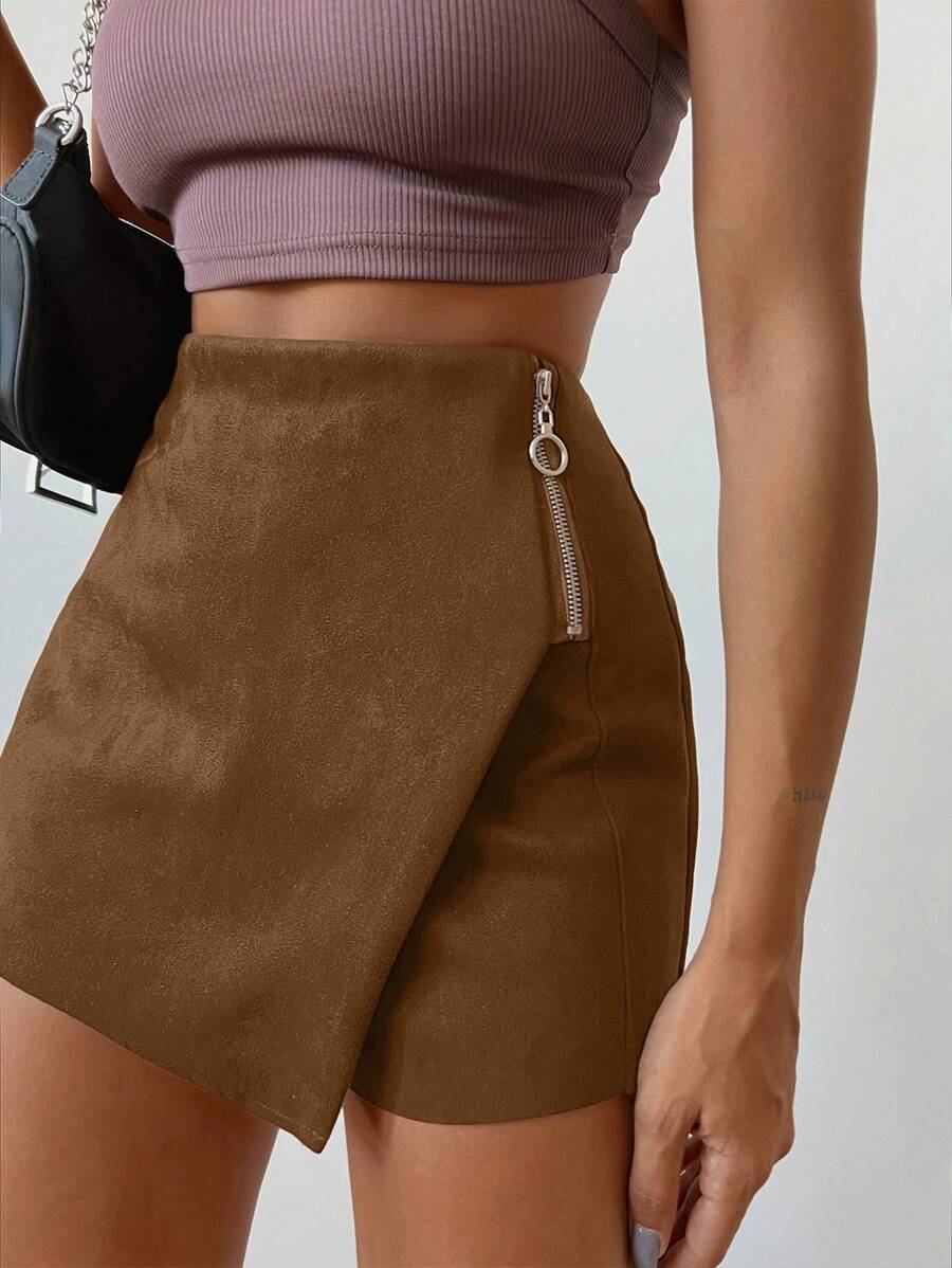 EURMUSE Zipper Back Skort - Rust Brown - View 1
