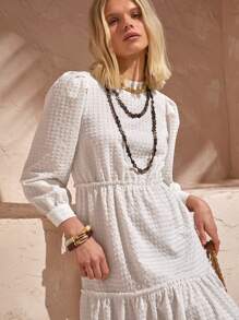 Bóhologie Boho  Bohemela  Womens Clothing Women Summer Clothes Women's Textured Puff Sleeve Round Neck Multilayer A-Line Vacation Casual Maxi  Dress  Seaside Holiday, Suitable For Everyday, Out Of The Street, Holiday And Other Occasions To Wear,,White Graduation Dress White - White - View 4