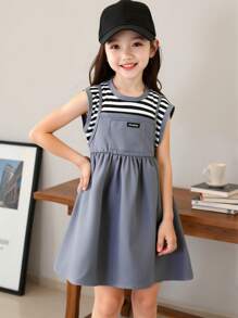 Váy hè không tay thắt eo cho bé gái, phong cách công chúa, họa tiết sọc, bộ đồ liền thân giản dị sành điệu - Xám - Xem 1