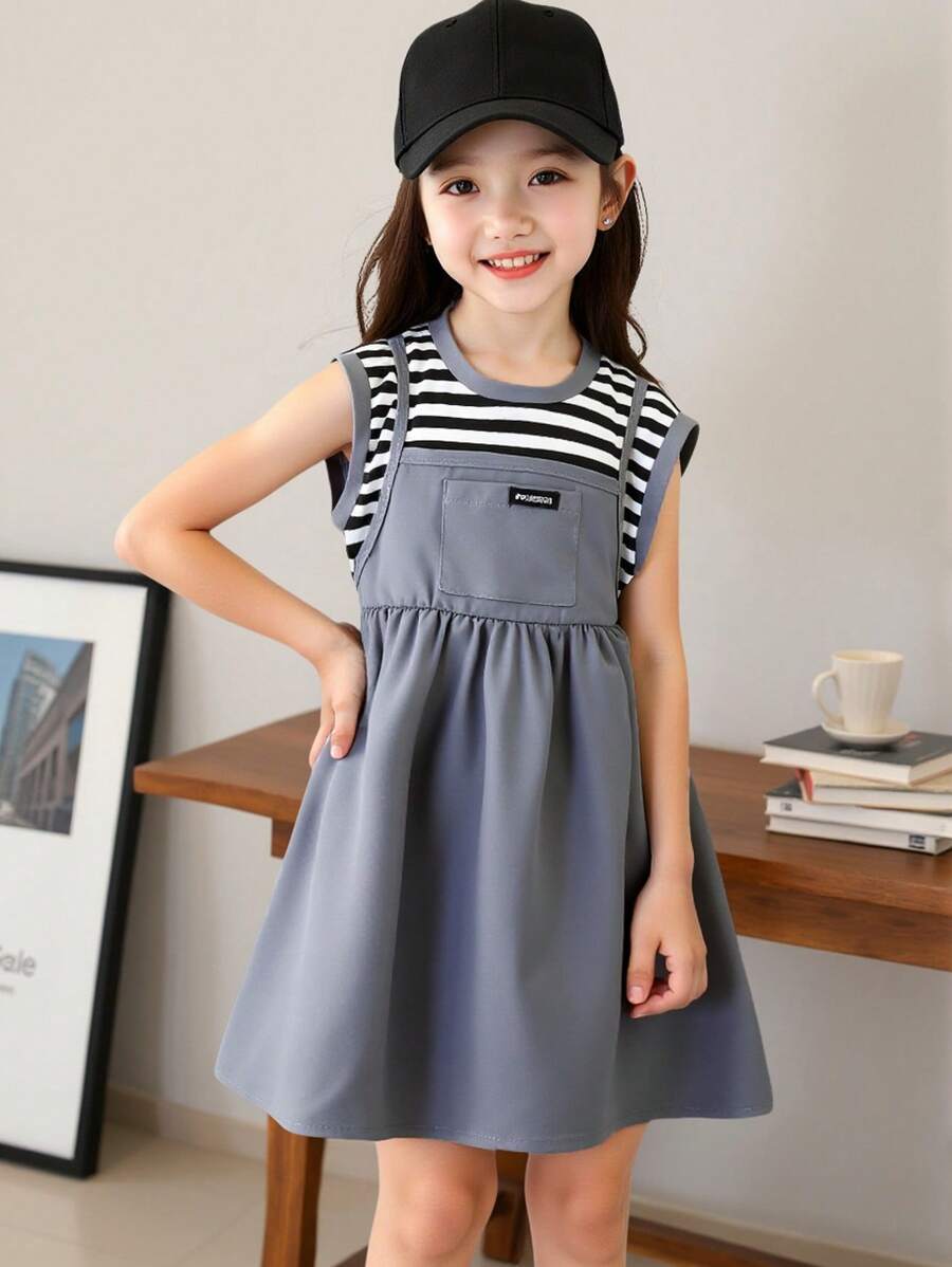 Váy hè không tay thắt eo cho bé gái, phong cách công chúa, họa tiết sọc, bộ đồ liền thân giản dị sành điệu - Xám - Xem 1