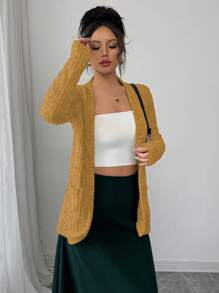 Chiquease Women Casual Ribbed Brushed Open Front Side Pockets Shorts Jacket, Lightweight - Ginger - View 4