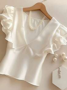 1pc Women's Satin Chiffon White Cap Sleeve Blouse - White - View 1
